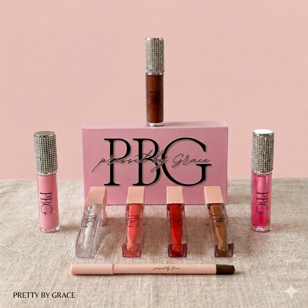 Pressed by Grace model holding lip oils and pink gift sets
