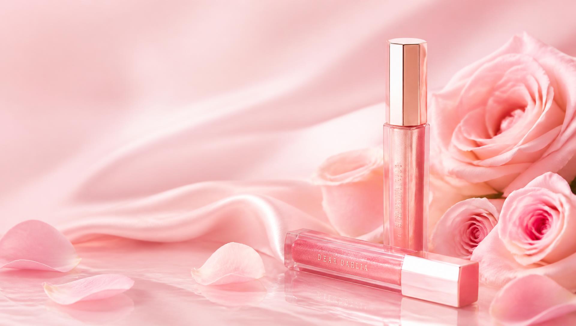 Soft pink satin with rose petals and lip gloss
